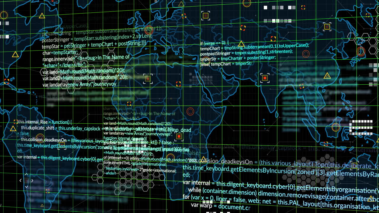 Animation of world map with digital code overlay, showing global data network