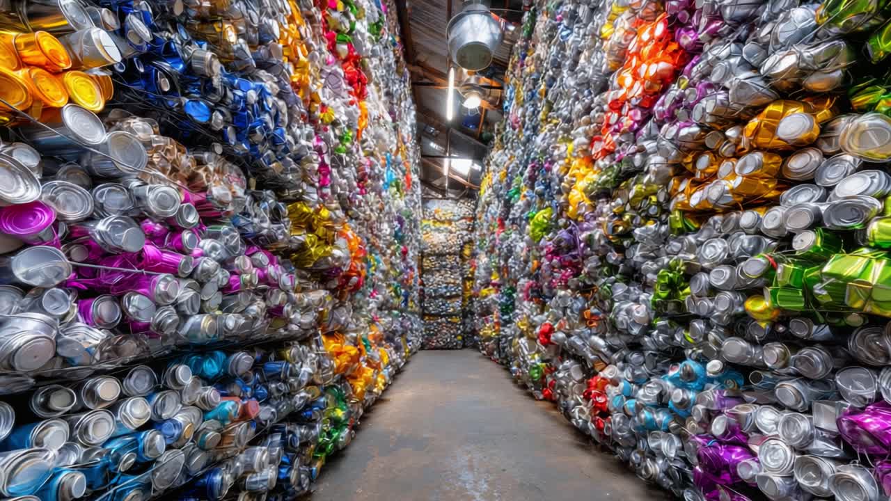 A Vibrant Corridor of Colorful Cans: An Intricate Display of Stacked Aluminum Beverage Containers Creating a Stunning Visual Experience in a Warehouse Setting