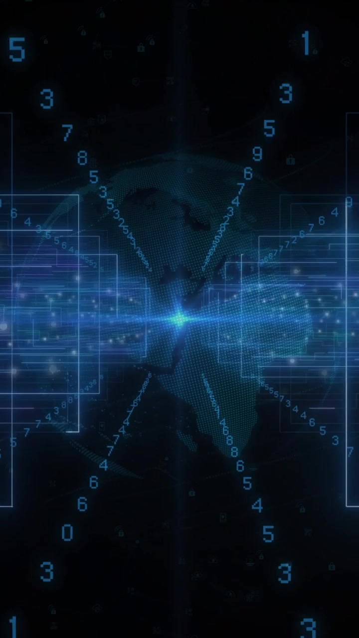 Vertical video: Blue node pulsing, sending number streams radiating and sliding grids for data flow