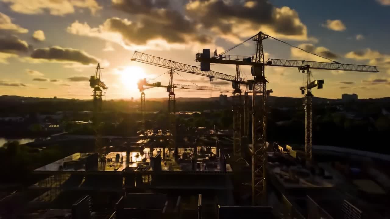 Construction Site at Sunset: A Captivating View of Cranes Silhouetted Against the Dusk Sky, Highlighting the Activity and Progress of Urban Development.