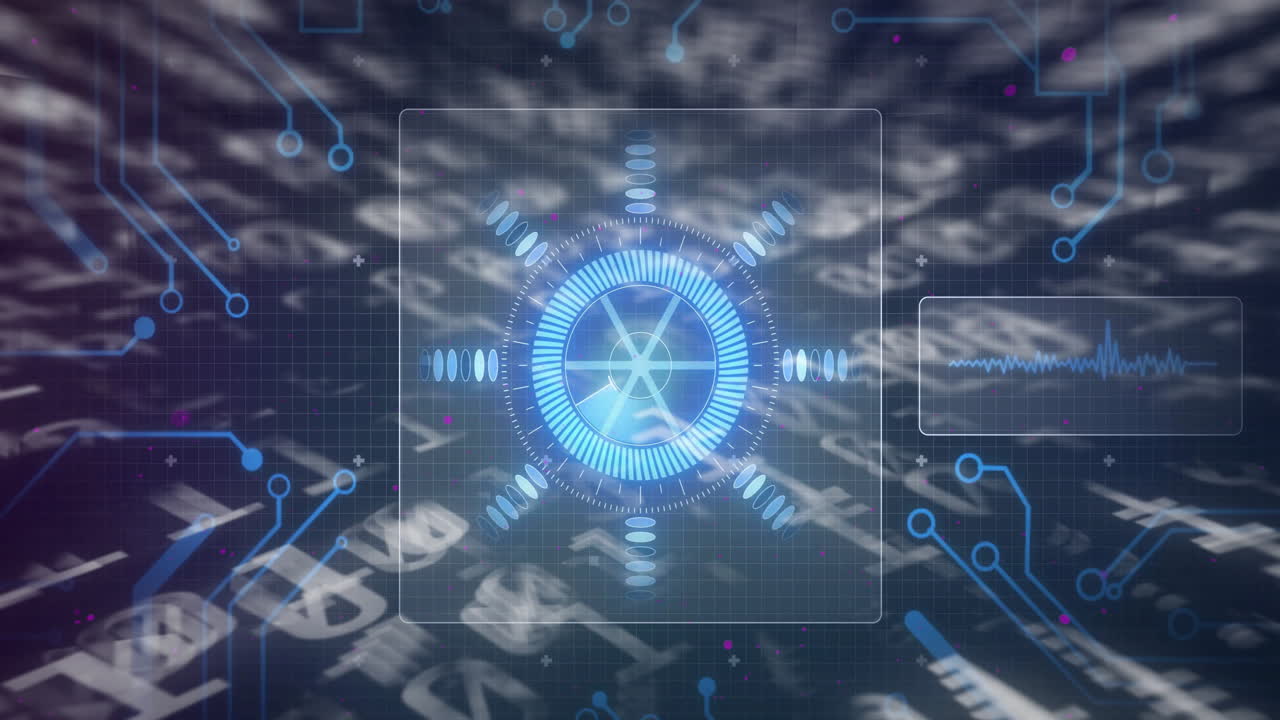Rotating blue elements in animation on futuristic digital interface background