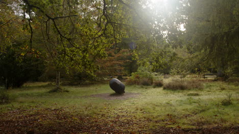 Wide shot of trees at Blackwater Arboretum with wooden sculpture of an English oak’s acorn