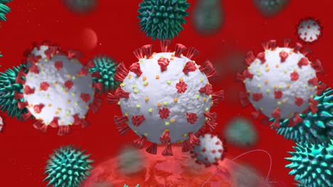 Animation-Von-Viruszellen-über-Dem-Globus-Und-Datenverarbeitung-Auf-Rotem-Hintergrund