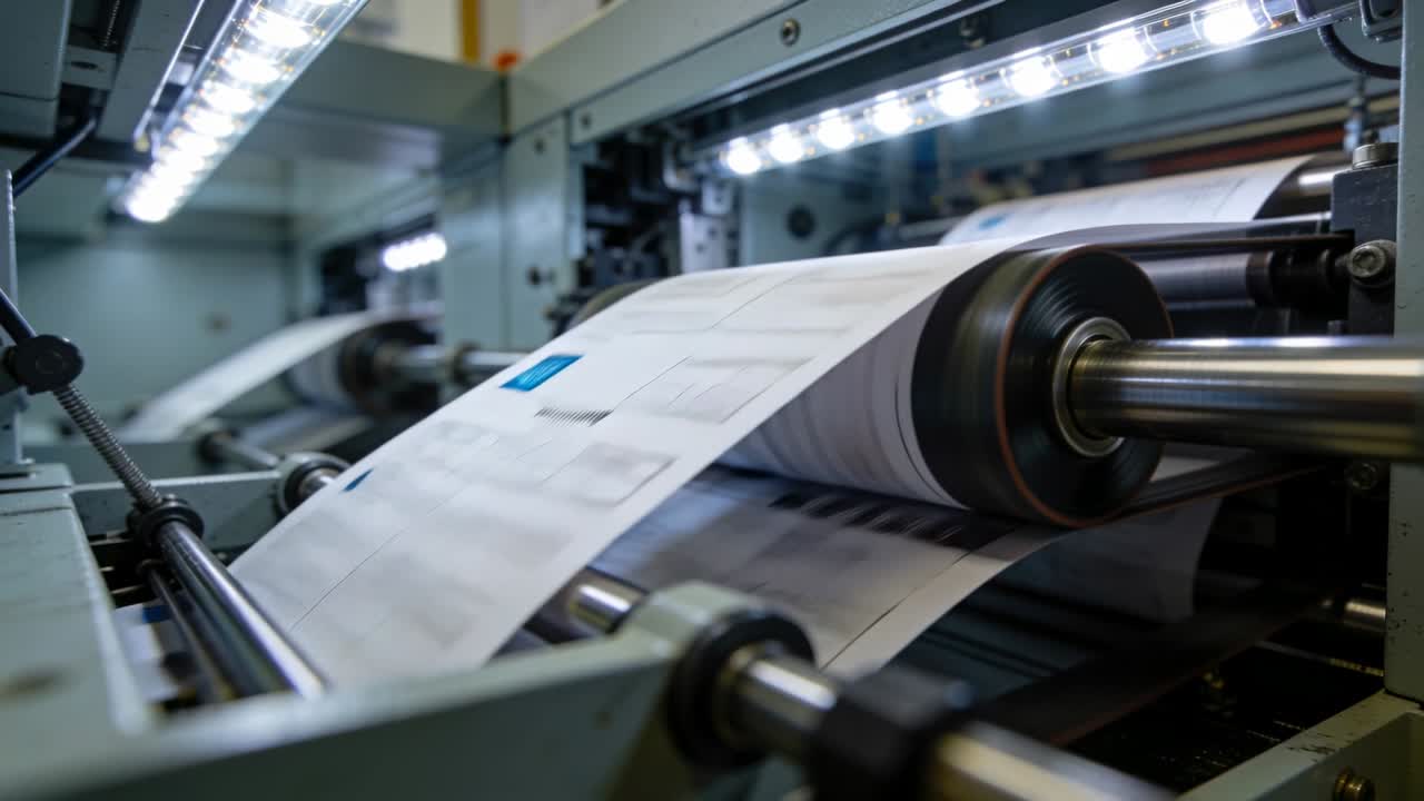 Advancing paper web with blue gray prints, rollers driving around roller to next stage at press