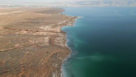 Aerial-shoot-of-Salty-shore-of-Dead-Sea-Seascape,-Nature-background