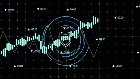 Animation-of-data-processing-over-security-shield-icon-on-round-scanner-against-black-background