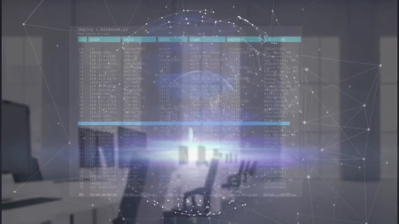 빈 사무실에 대한 추상적인 인터페이스를 통해 지구를 형성하는 연결된 점의 애니메이션