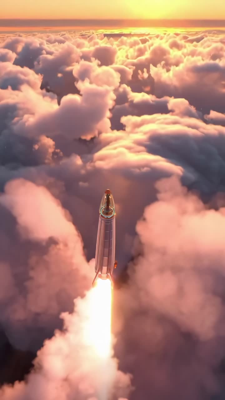 A futuristic rocket launches into the sky, viewed from below