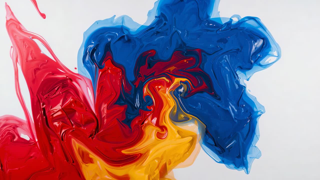 Dropping red yellow blue paint onto white studio surface, blobs expanding and swirling into art