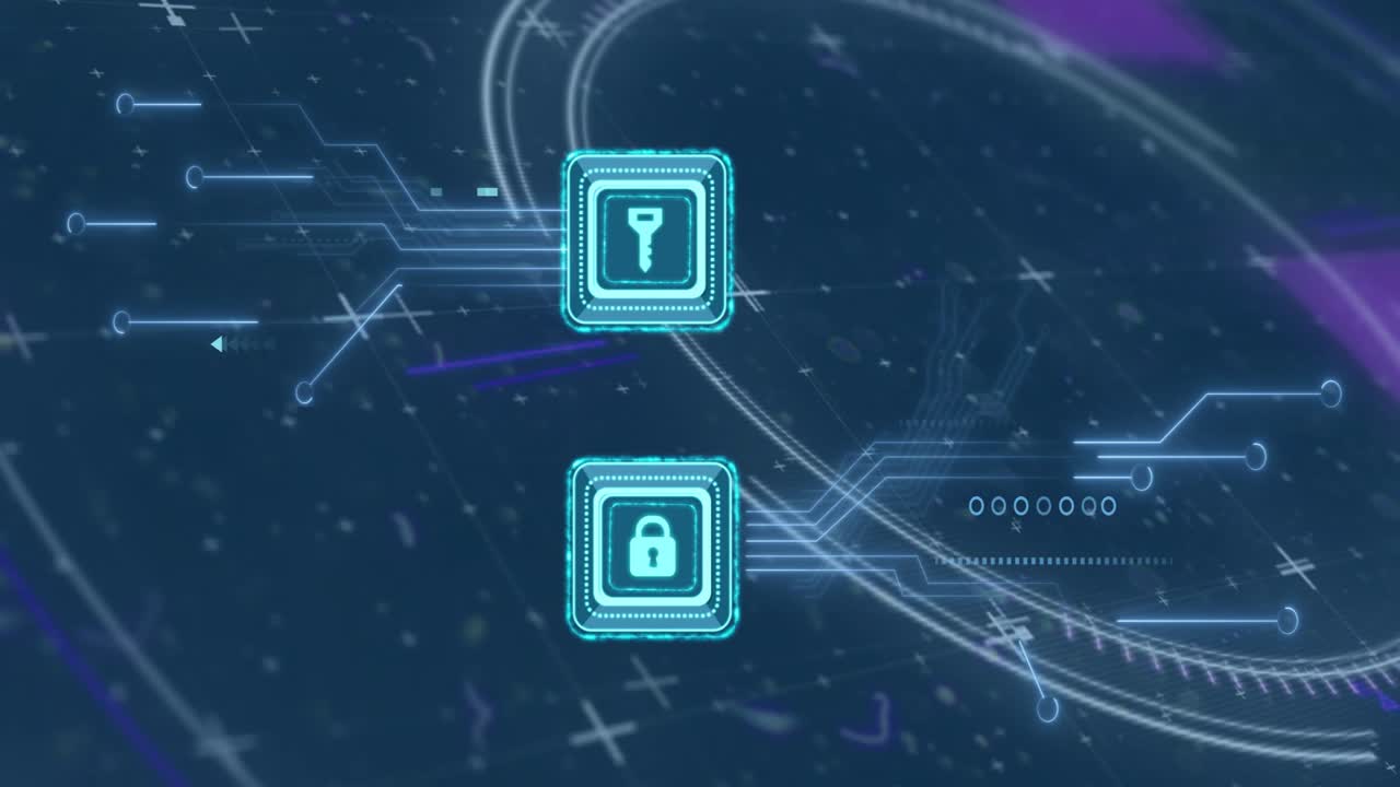 On data pulse, key and padlock icons pulsing and sending circuit lines to represent secure transfer