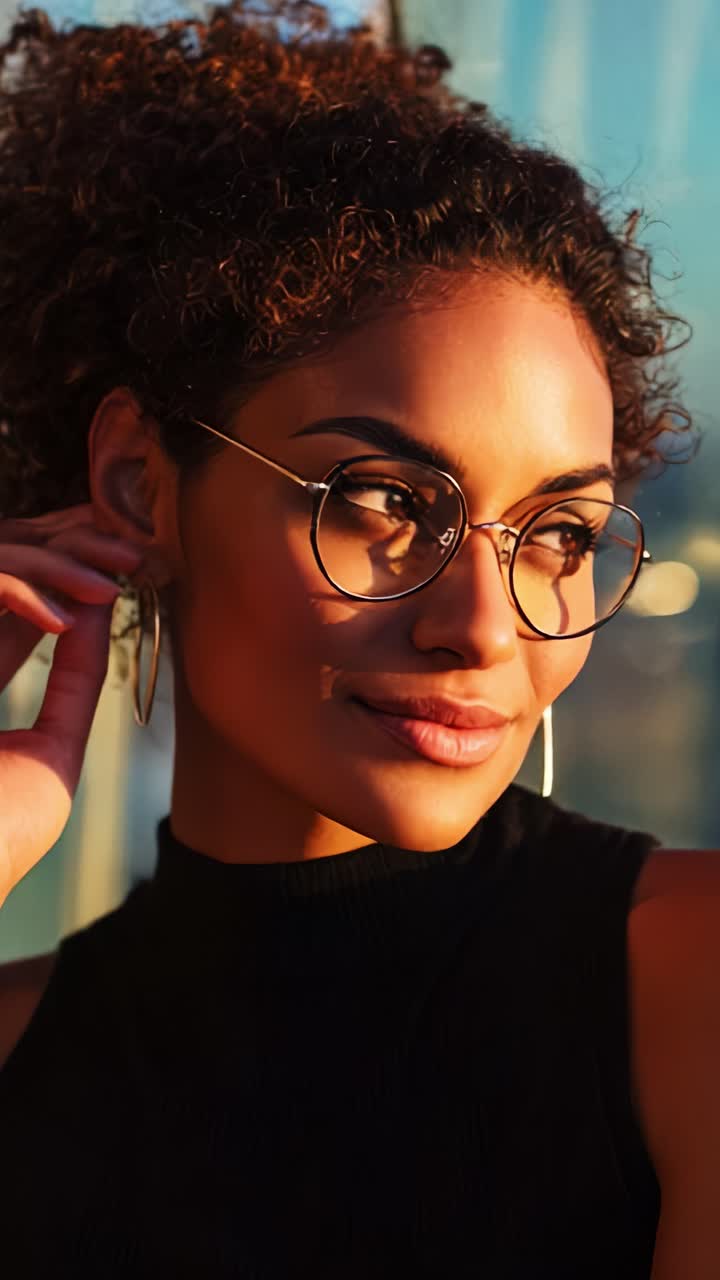 A striking portrait of a confident young woman with curly hair, wearing stylish accessories and glasses, exuding elegance and poise against a bright background