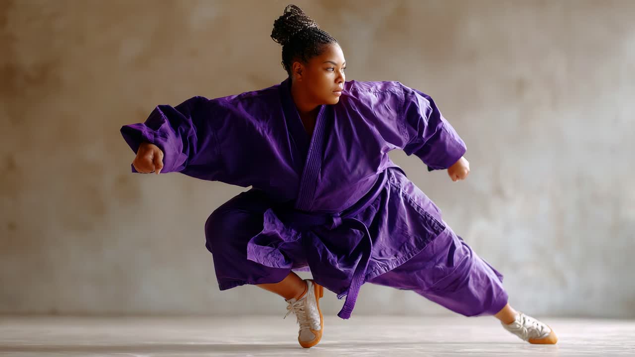 Dynamic Martial Arts Performance Showcasing a Female Practitioner in Vibrant Purple Attire Executing an Impressive Move, Highlighting Skill, Strength, and Focus in Motion