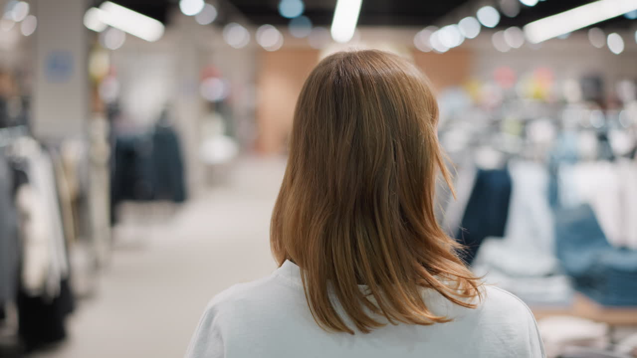 Back view of shopper walking through clothing store glancing to right and left surrounded by racks of stylish apparel in a softly blurred background