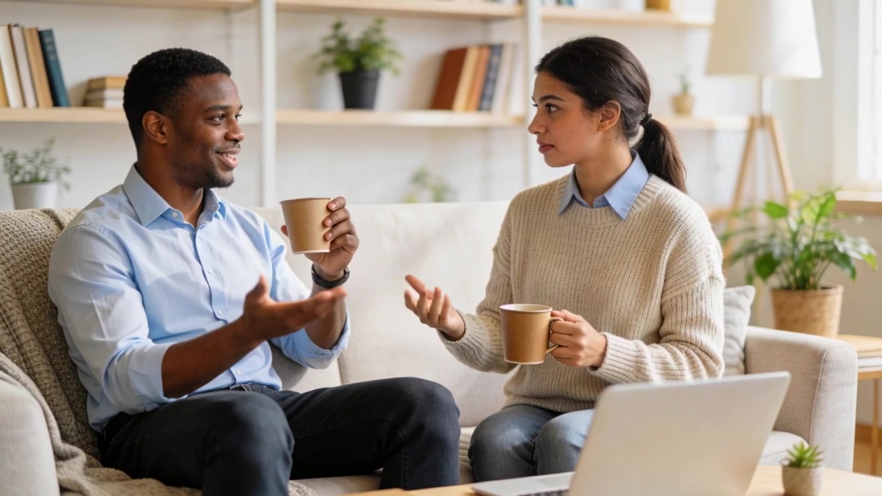 Lifting cup man sipping, responding on sofa wearing casual shirts, woman gesturing, laptop and cups