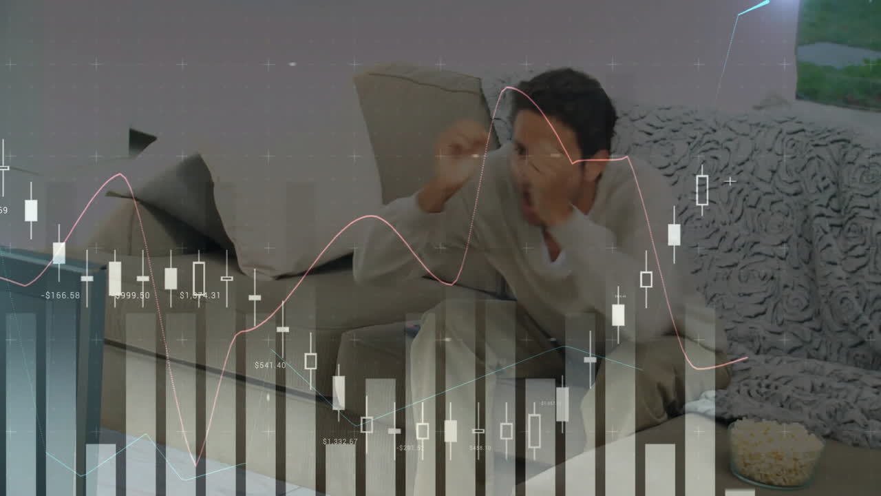 집에서 tv를 보는 백인 남성에 대한 데이터 처리 및 다이어그램의 애니메이션