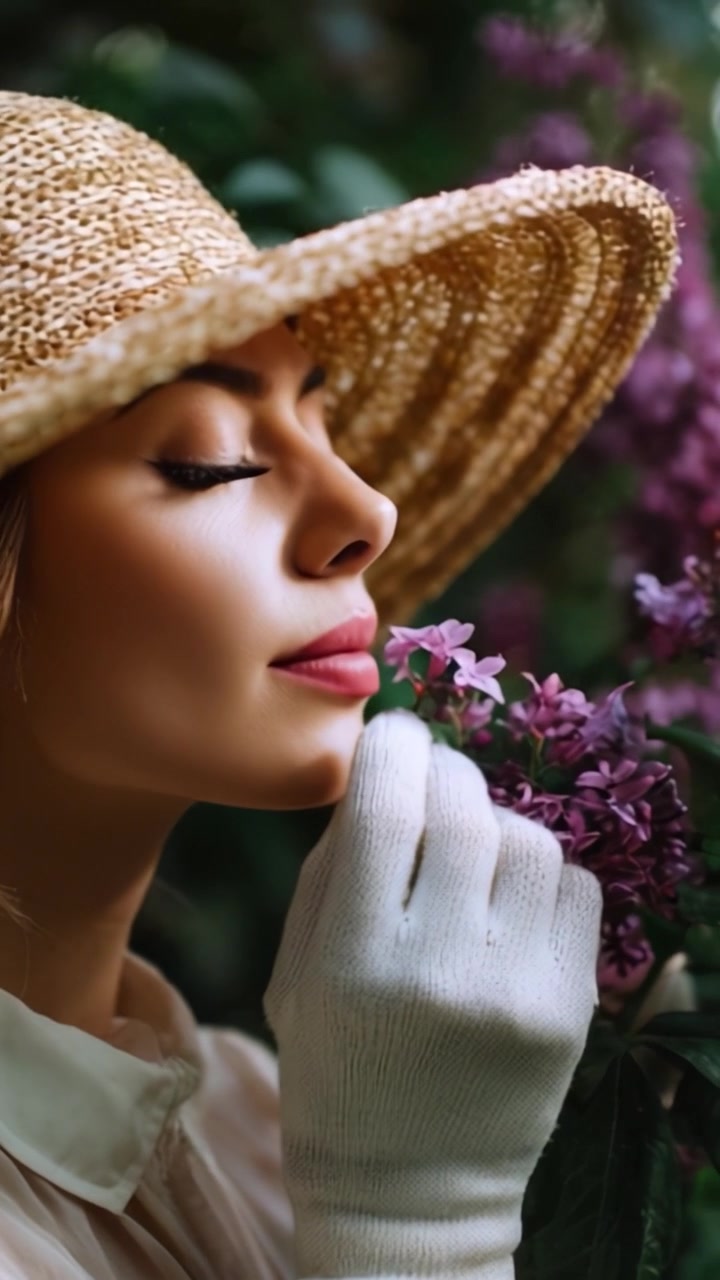 Donna incantevole con un cappello di paglia tocca delicatamente vivaci fiori di lillà, abbracciando la bellezza della natura in un ambiente esterno sereno con graziosa eleganza