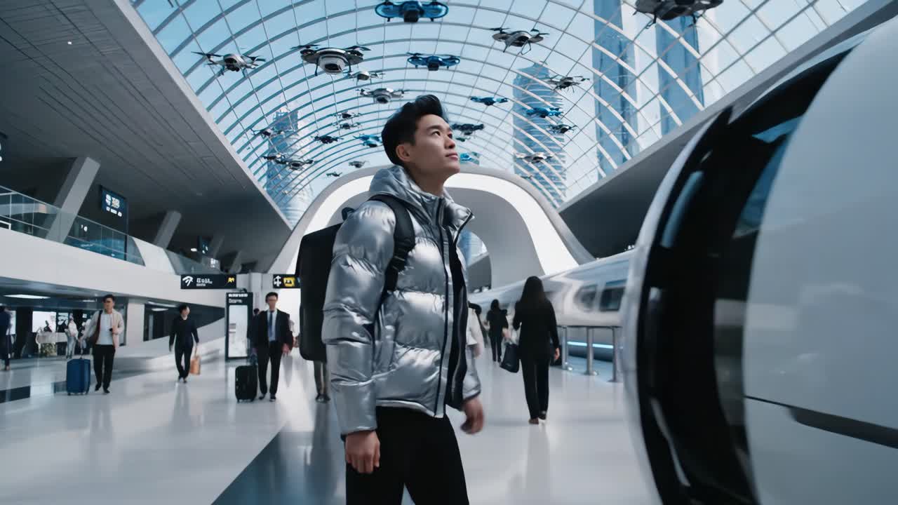 Futuristic Train Station with Drones