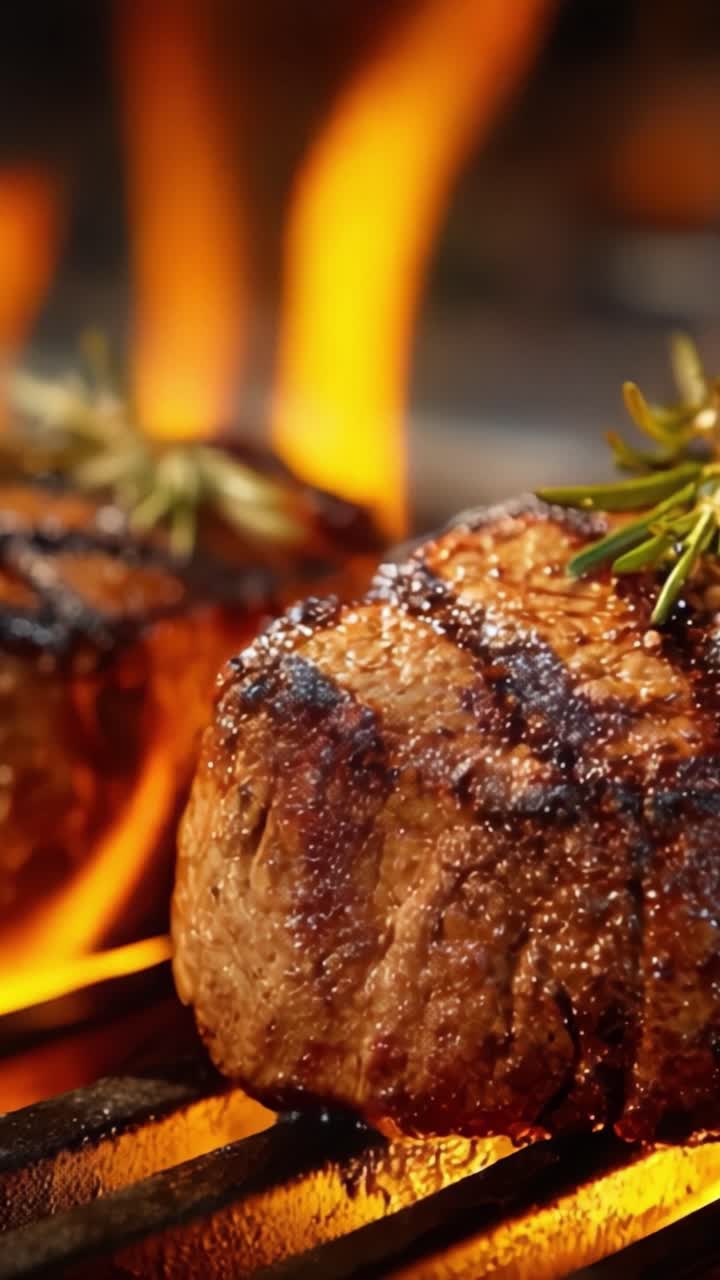 Sizzling Grilled Steaks with Rosemary Herbs: Capturing the Juicy Perfection and Charred Flavor in a Fire-Kissed Culinary Masterpiece