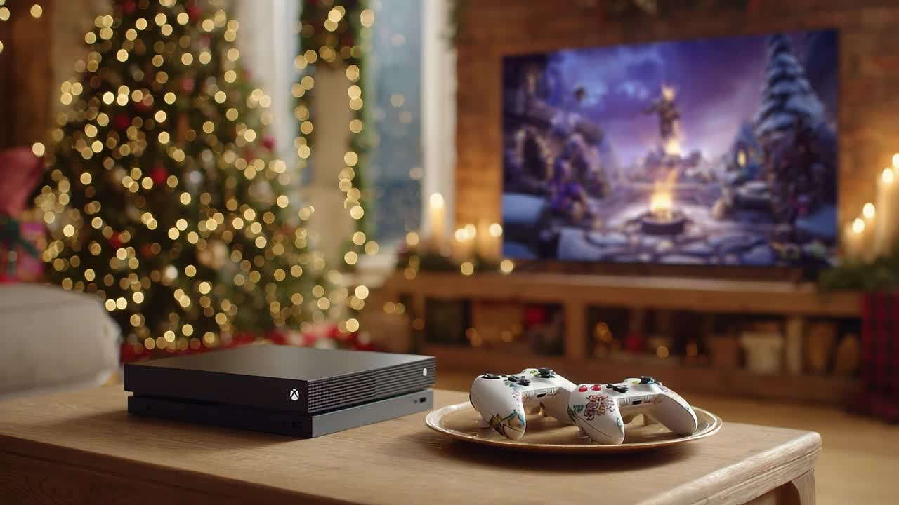 A Cozy Holiday Scene Featuring a Gaming Console and Controllers Amidst a Beautifully Decorated Christmas Setting with Twinkling Lights and a Warm Atmosphere