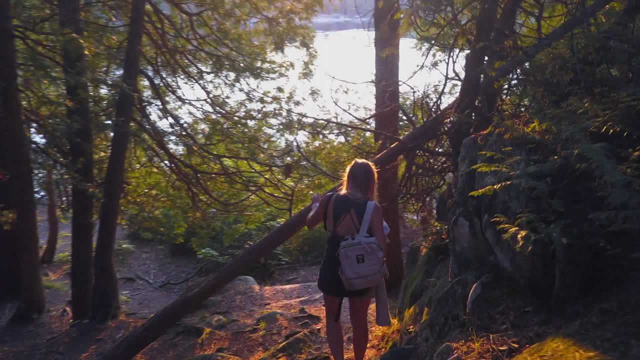 destello de lente etéreo sigue a una mujer caminando por un sendero forestal hasta un lago soleado