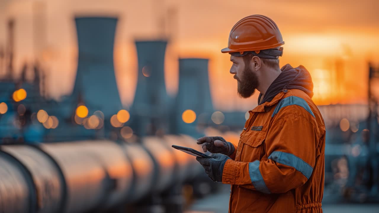 Focused Industrial Worker in Safety Gear Using a Smartphone Against a Sunset Backdrop in Oil and Gas Environment
