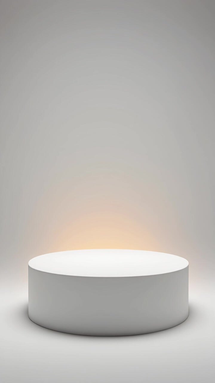 Podio espositivo minimalista a cilindro singolo bianco illuminato da un morbido bagliore caldo in uno studio luminoso