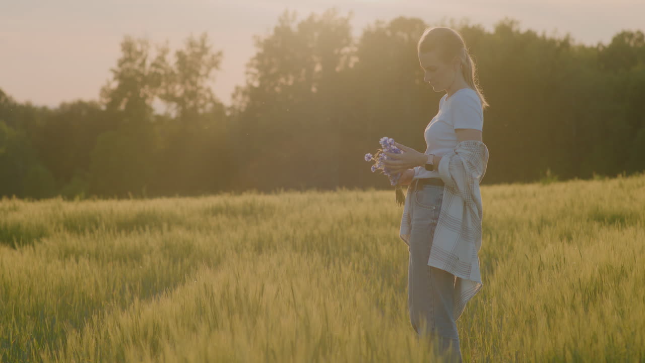 Beautiful Woman Holding Blue Cornflowers During Golden Sunset