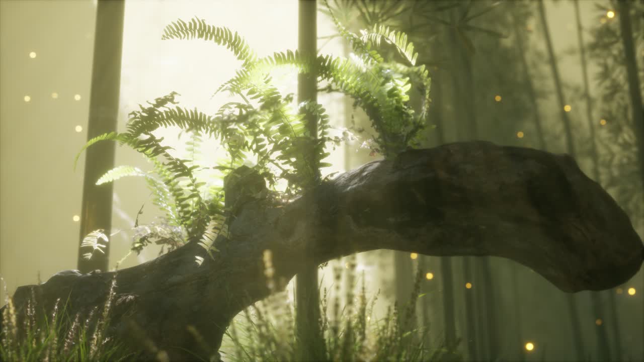 tronco del árbol doblado horizontalmente con helechos creciendo, y la luz del sol brillando