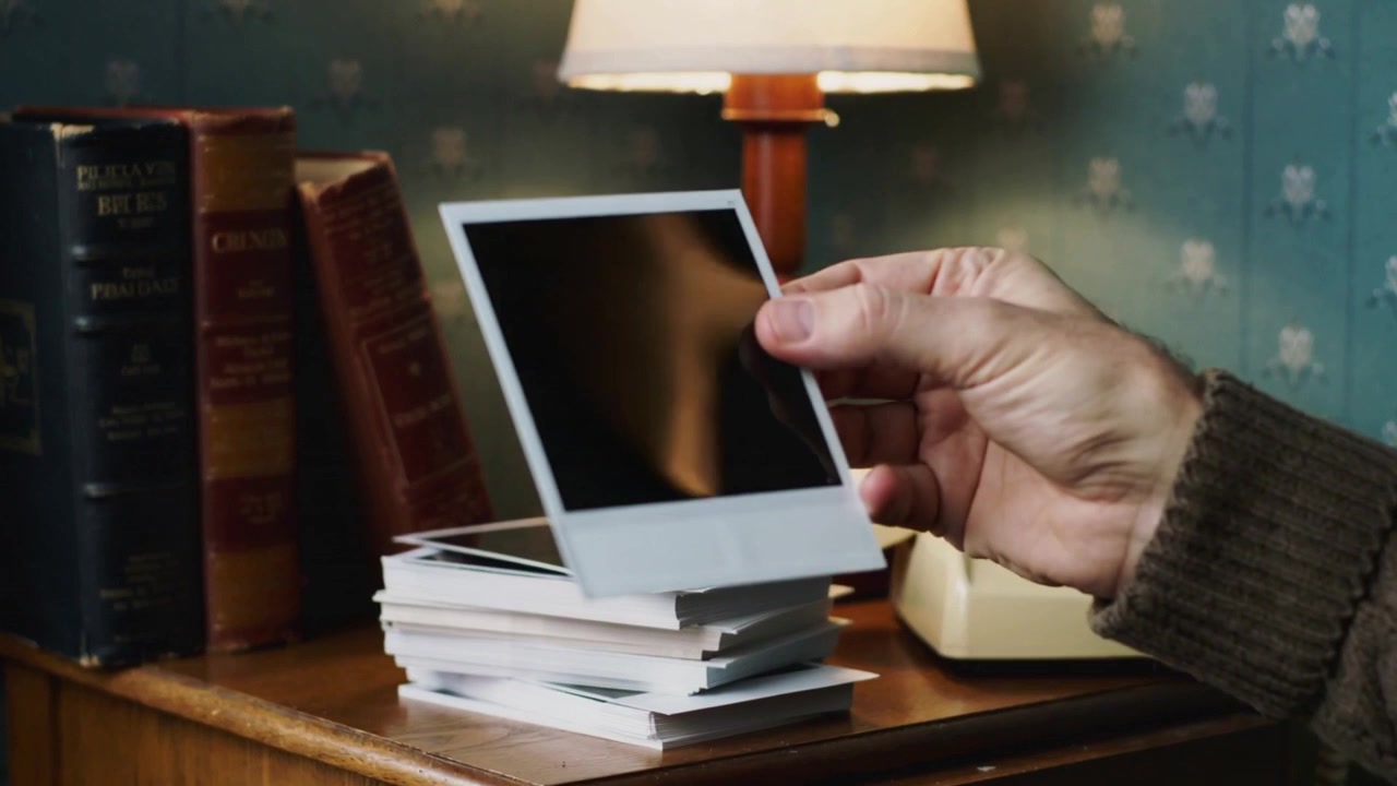Reaching right hand in brown sweater sleeve holding and rotating Polaroid at bedside