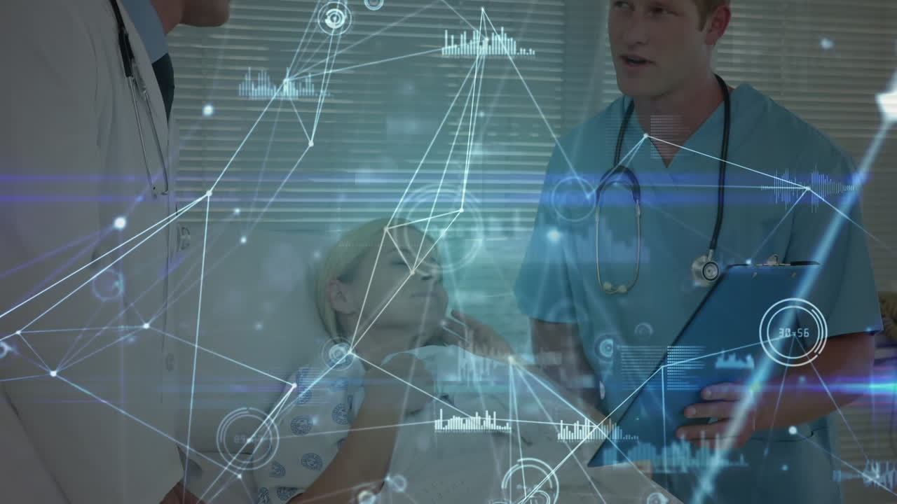 환자의 보고서를 논의하는 백인 의사들 위에 있는 선과 그래프로 연결된 점들의 애니메이션