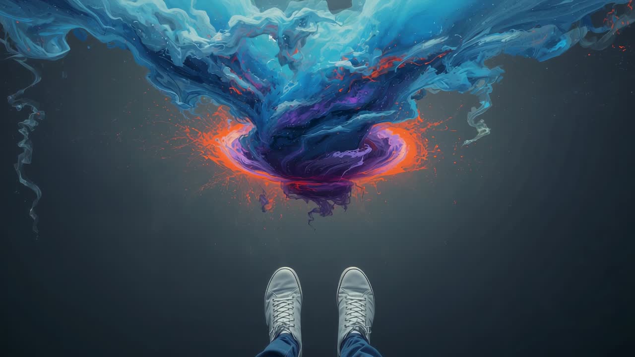 Responding to pulsing nebula, person's feet pointing over void in white sneakers and blue jeans