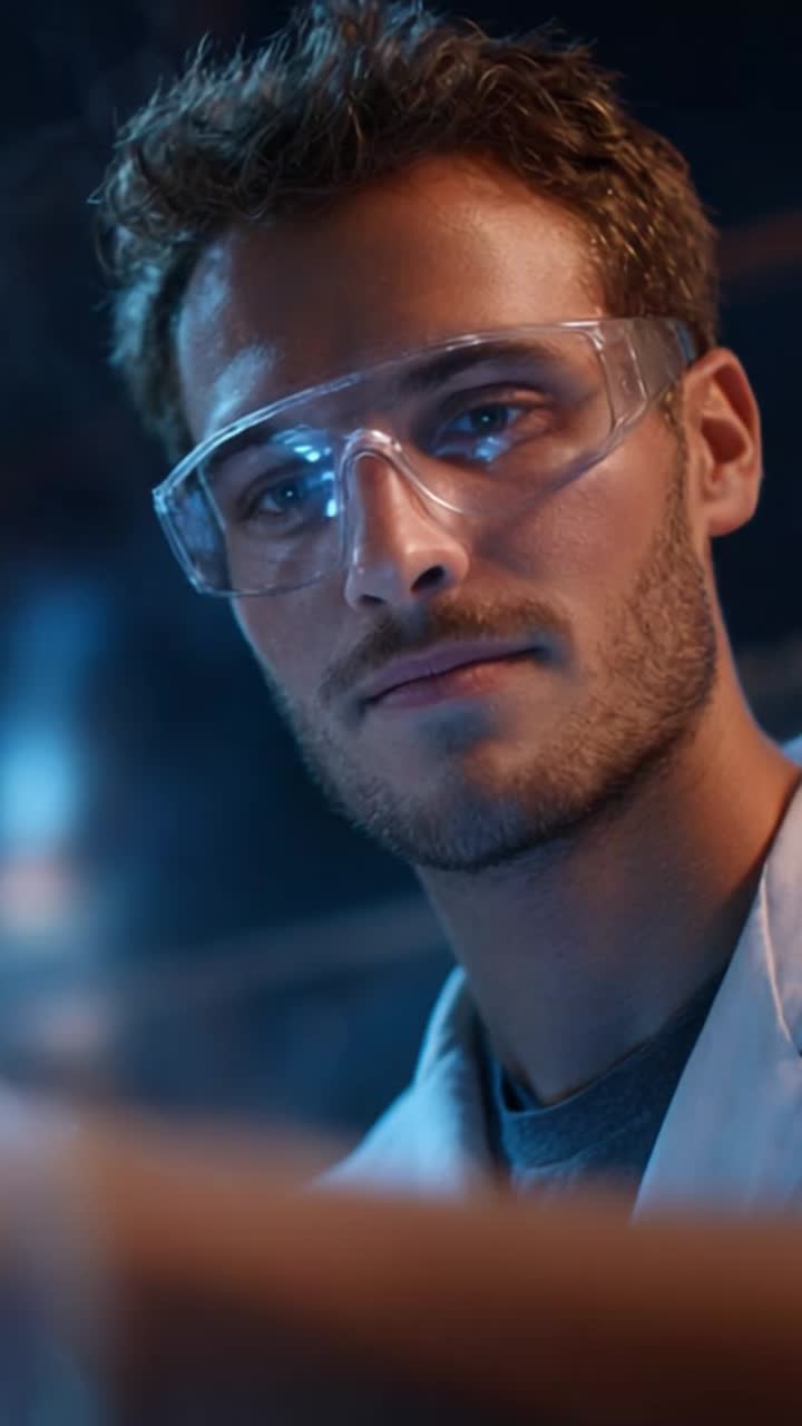 Focused Scientist Analyzing Data with Precision in a High-Tech Laboratory Environment, Emphasizing Dedication to Research and Scientific Innovation