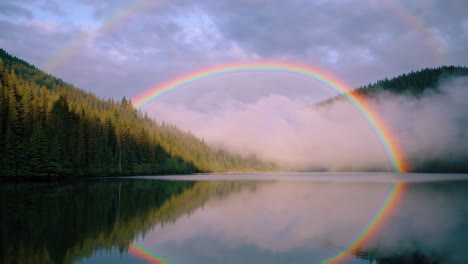double rainbow over a misty mountain lake