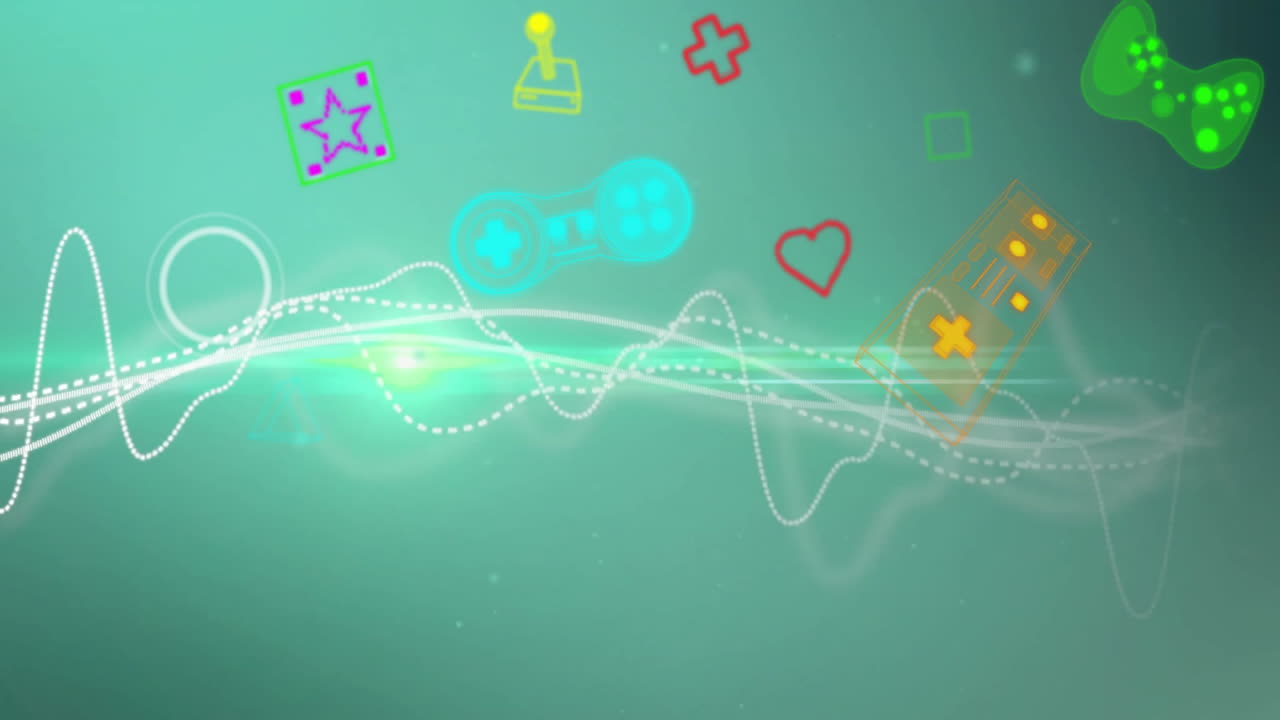 Animation of neon video game icons over neon background