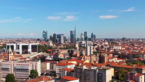 aerial dolly left revealing milan's beautiful skyline in italy