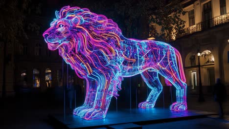 illuminated lion sculpture at night