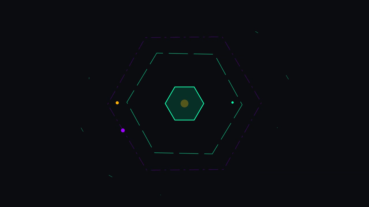 Abstract Motion Graphic of Rotating Geometric Hexagons and Orbiting Dots