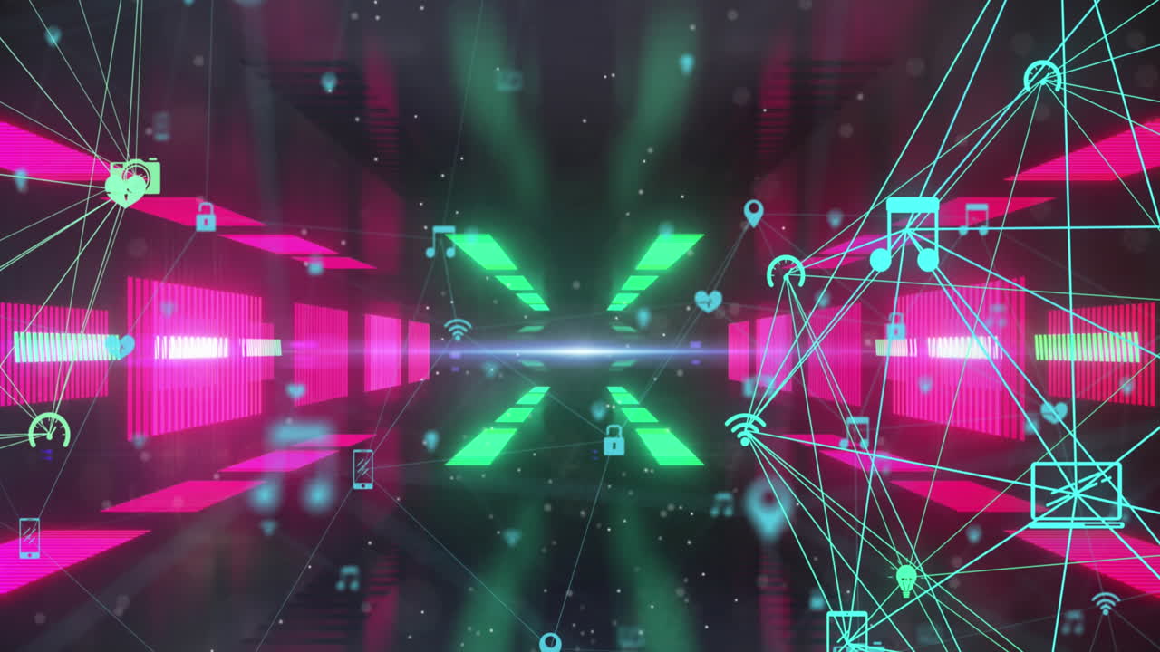 네온 터널 위에서 매이지 않는 패턴으로 회전하는 디지털 아이콘의 글로브의 애니메이션