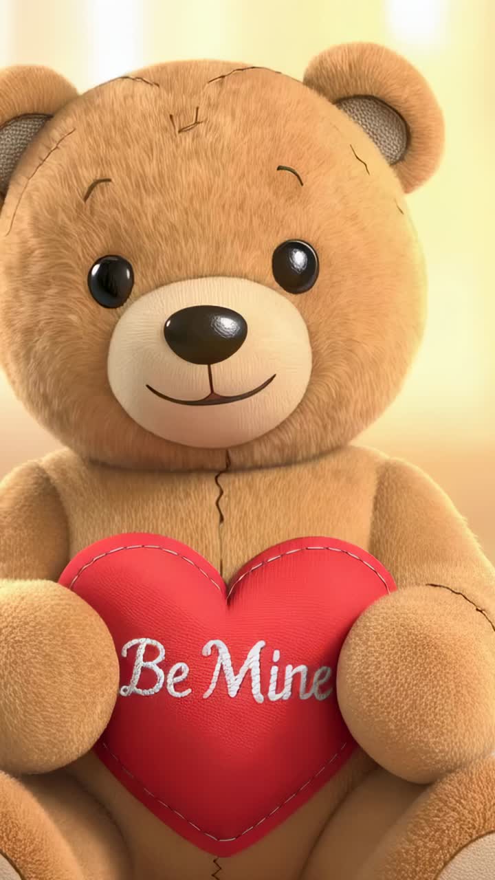 Video verticale: zoom della camera, orsacchiotto che si inclina, sorriso sullo scaffale, che tiene un cuore rosso con la scritta “Be Mine”