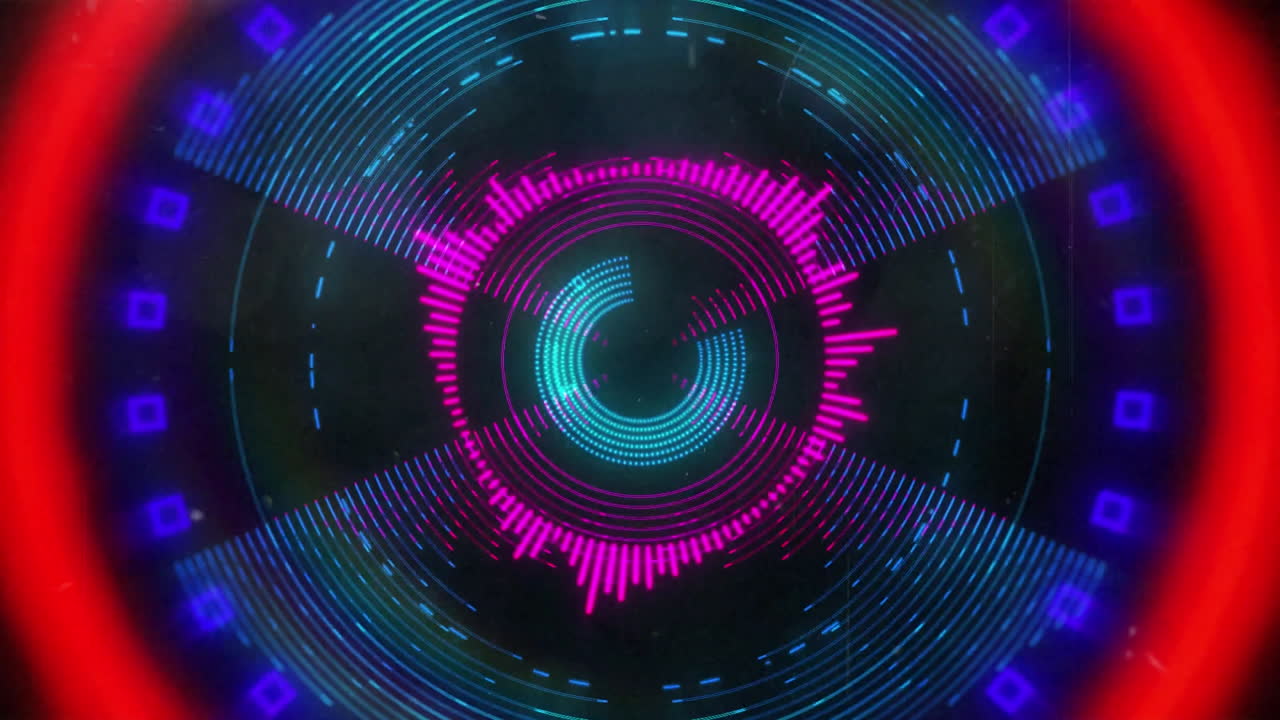 Animation of red, blue and pink glowing pulsating circles moving