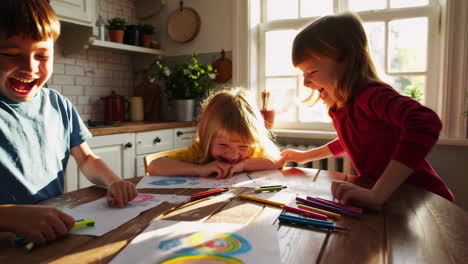 kids drawing together in the kitchen