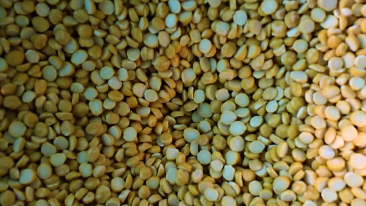 Close-up of Bengal gram rotating slowly in flour mill. 4K macro view of chana dal processing for food industry, agriculture and production visuals.