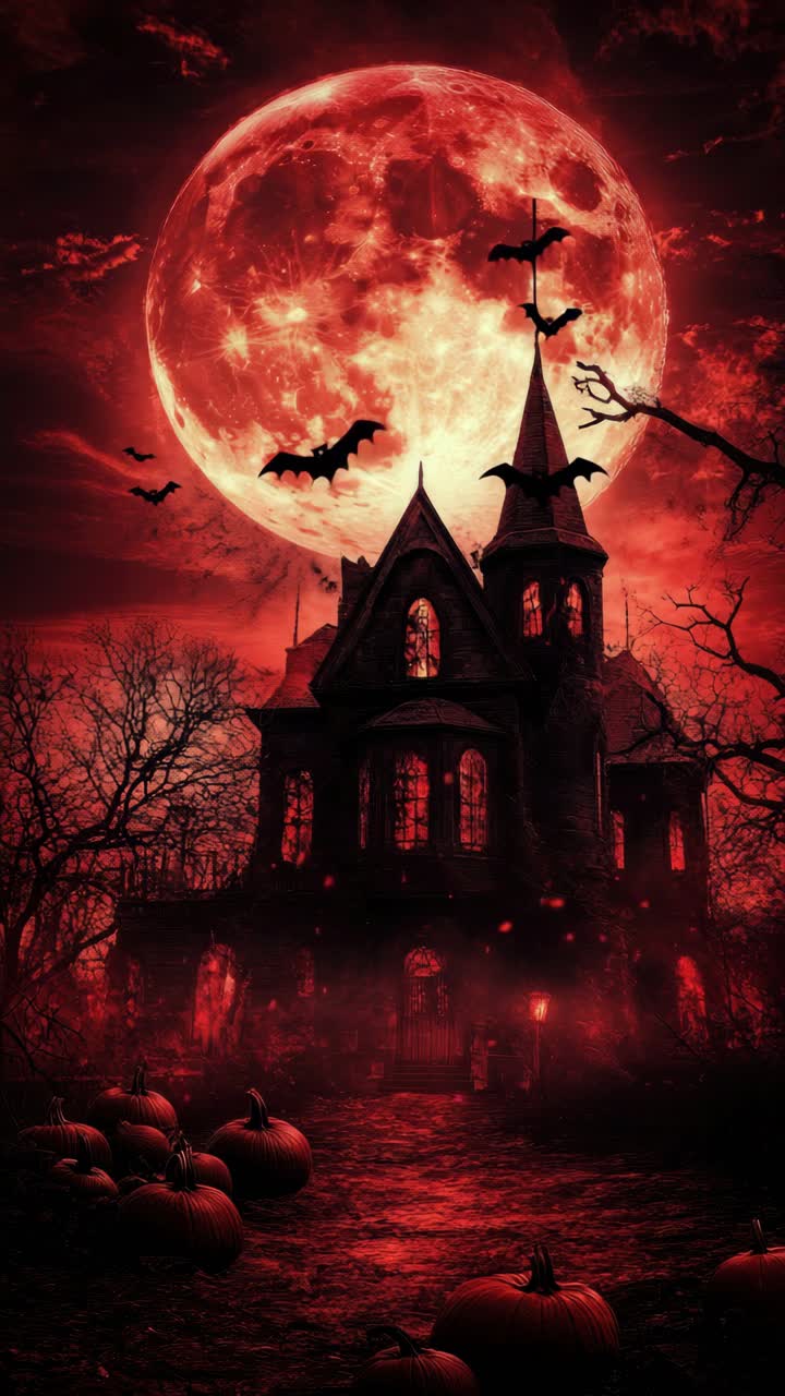 Casa stregata inquietante sotto una luna rossa con pipistrelli, zucche e alberi.