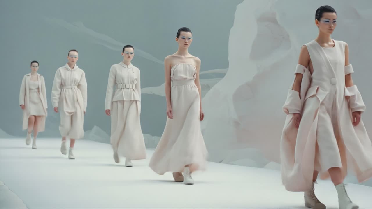 Elegant Modern Fashion Runway Show Featuring Models in Minimalist Attire: A Showcase of Textured Fabrics, Subtle Colors, and Contemporary Silhouettes on a Unique Catwalk