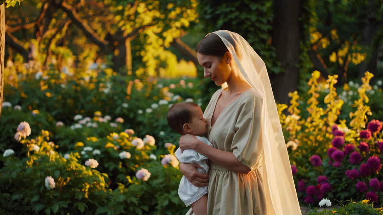 Mutter und Baby in einem Garten bei Sonnenuntergang