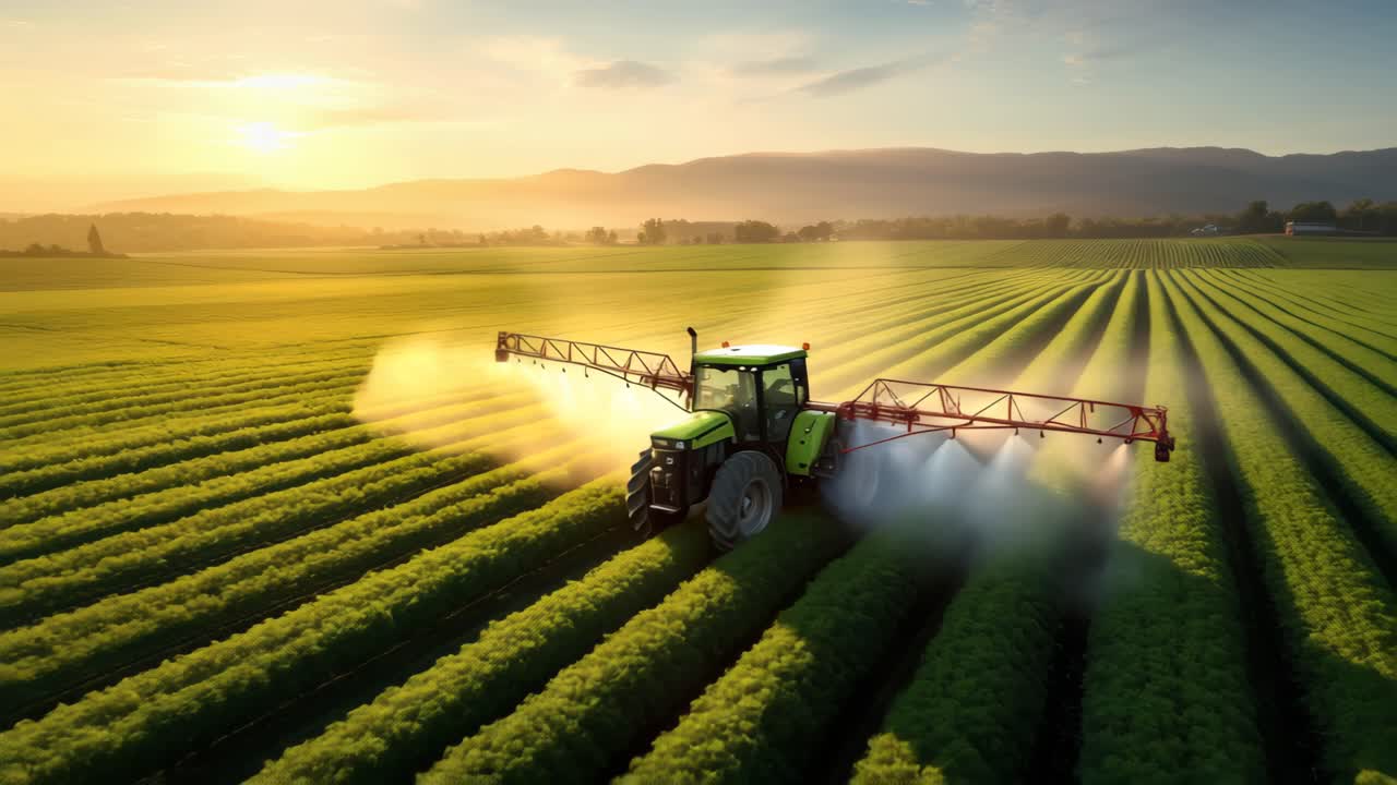Un video aereo cattura un trattore che spruzza pesticidi su un vasto campo verde all'alba