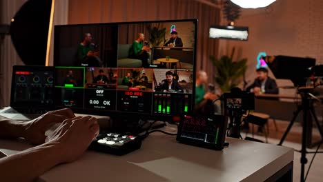 video production control room with multicam setup for live stream or podcast recording