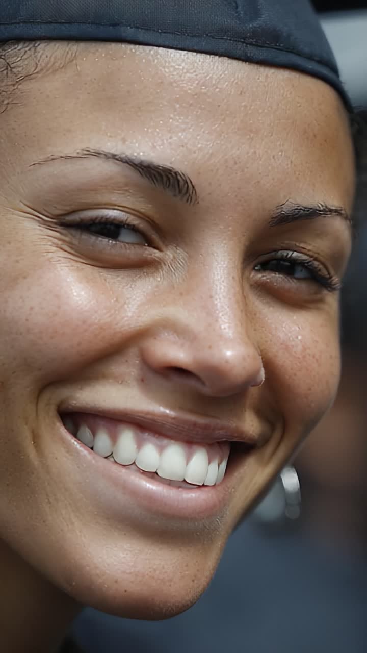Sorriso radioso di gioiosa celebrazione: uno sguardo di felicità e successo che riflette i risultati personali e i ricordi preziosi in questo momento affascinante