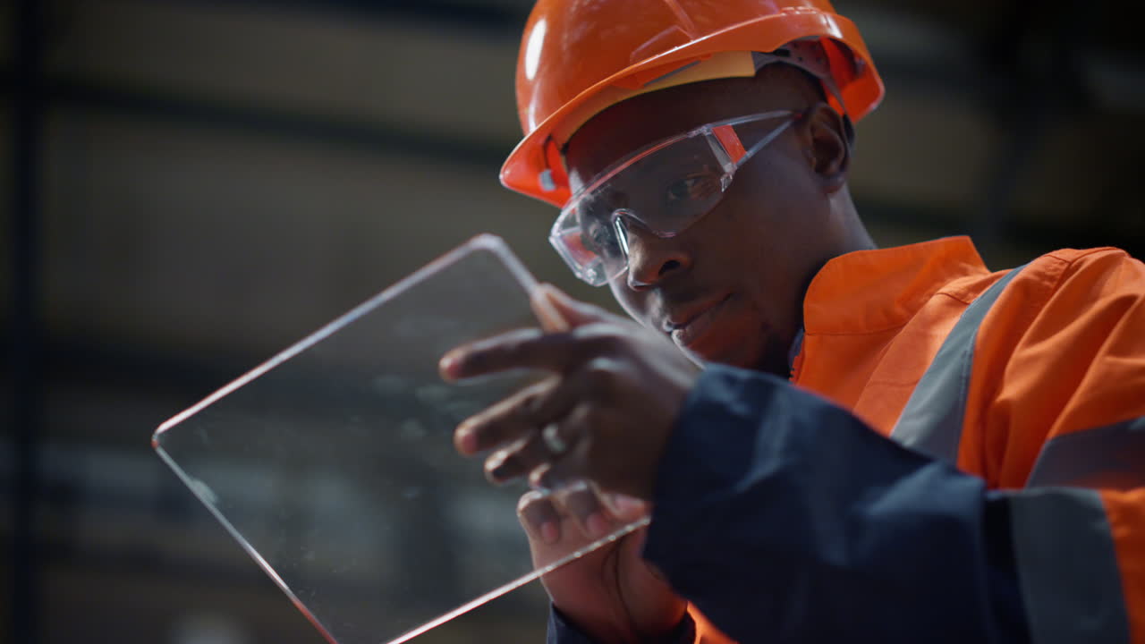 Engineer tapping transparent tablet at modern facility closeup. Hightech concept