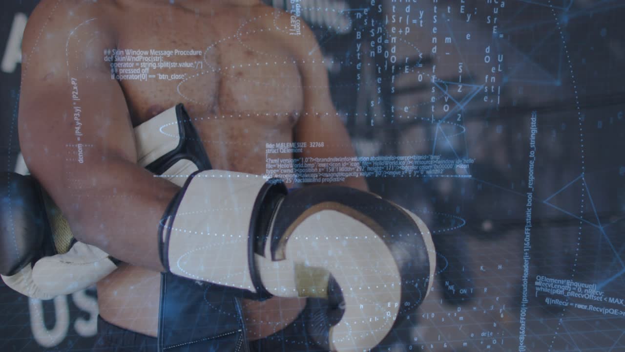 Male boxer wrapping wrist sliding on boxing glove, code overlay scrolling prepping fitness workout